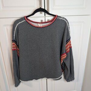 Natural Life Boho Charcoal Oversized Sweatshirt W/ Red Knit Trim, Raw Edges, S/M